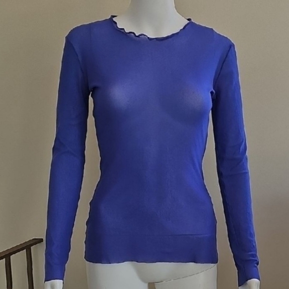 Jean Paul Gaultier Femme Lettuce Edge Top Blue Long Sleeve Sheer Stretch Mesh - Picture 2 of 12